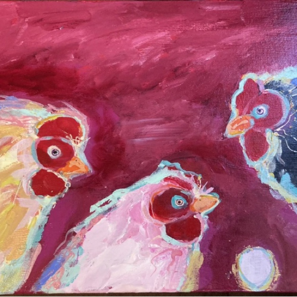 Three Chickens And An Egg””An Acrylic Original Painting 16”x12” On Canvas - Picture 8 of 14